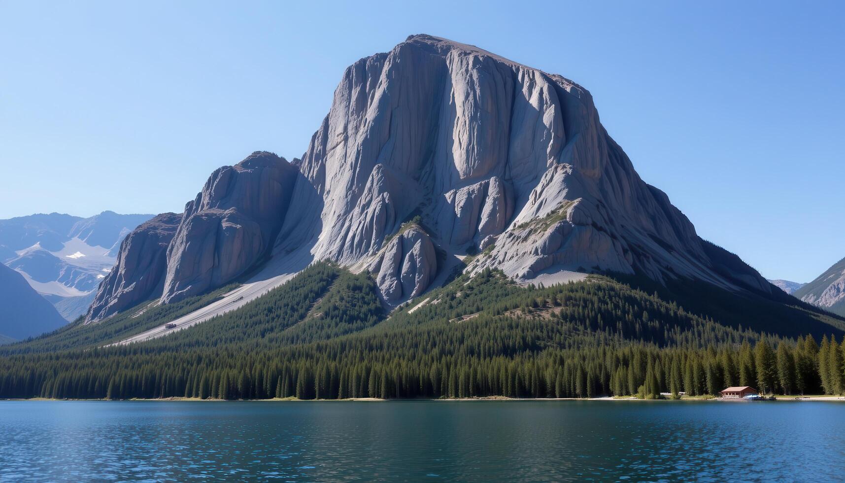 a massive granite outcrop rising from a still, reflective lake. photo