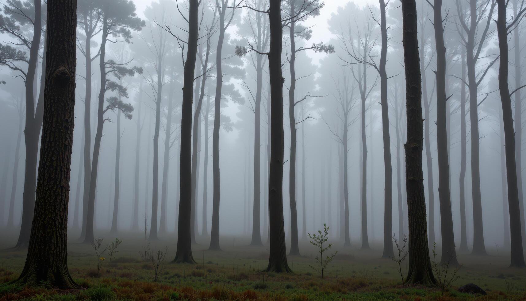 a dense forest blanketed in thick mist, where tree trunks fade into the foggy distance. photo