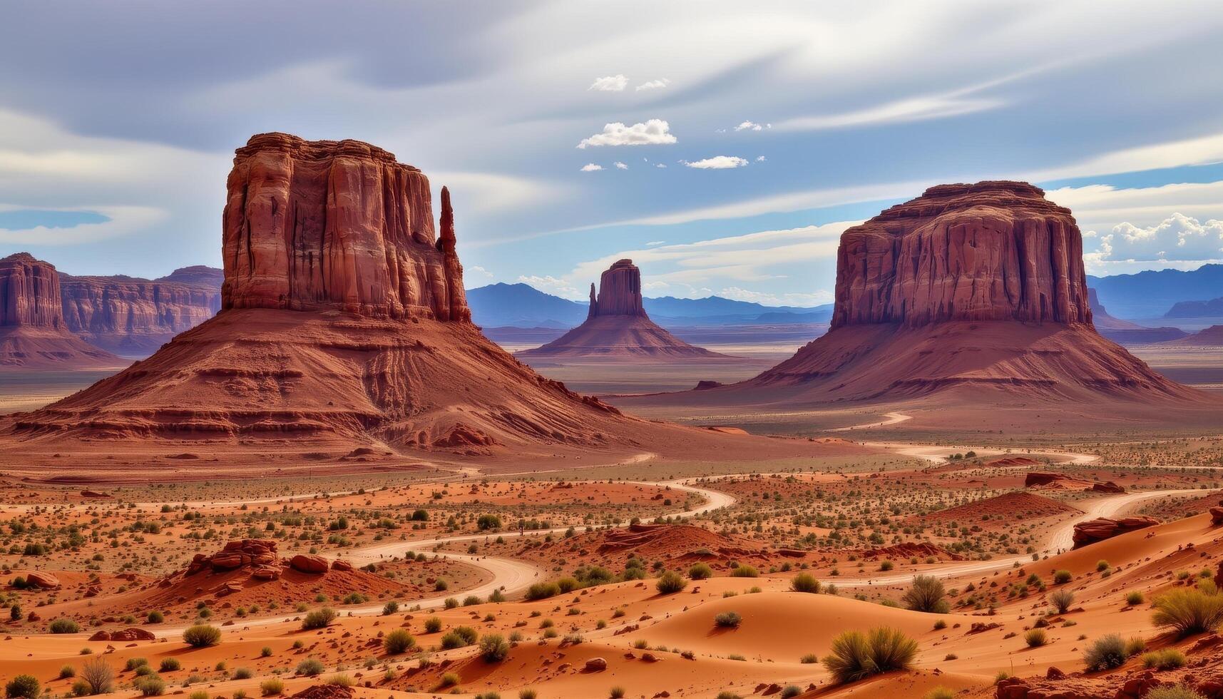 a dramatic desert landscape where towering sandstone formations rise from a sea of sand. photo