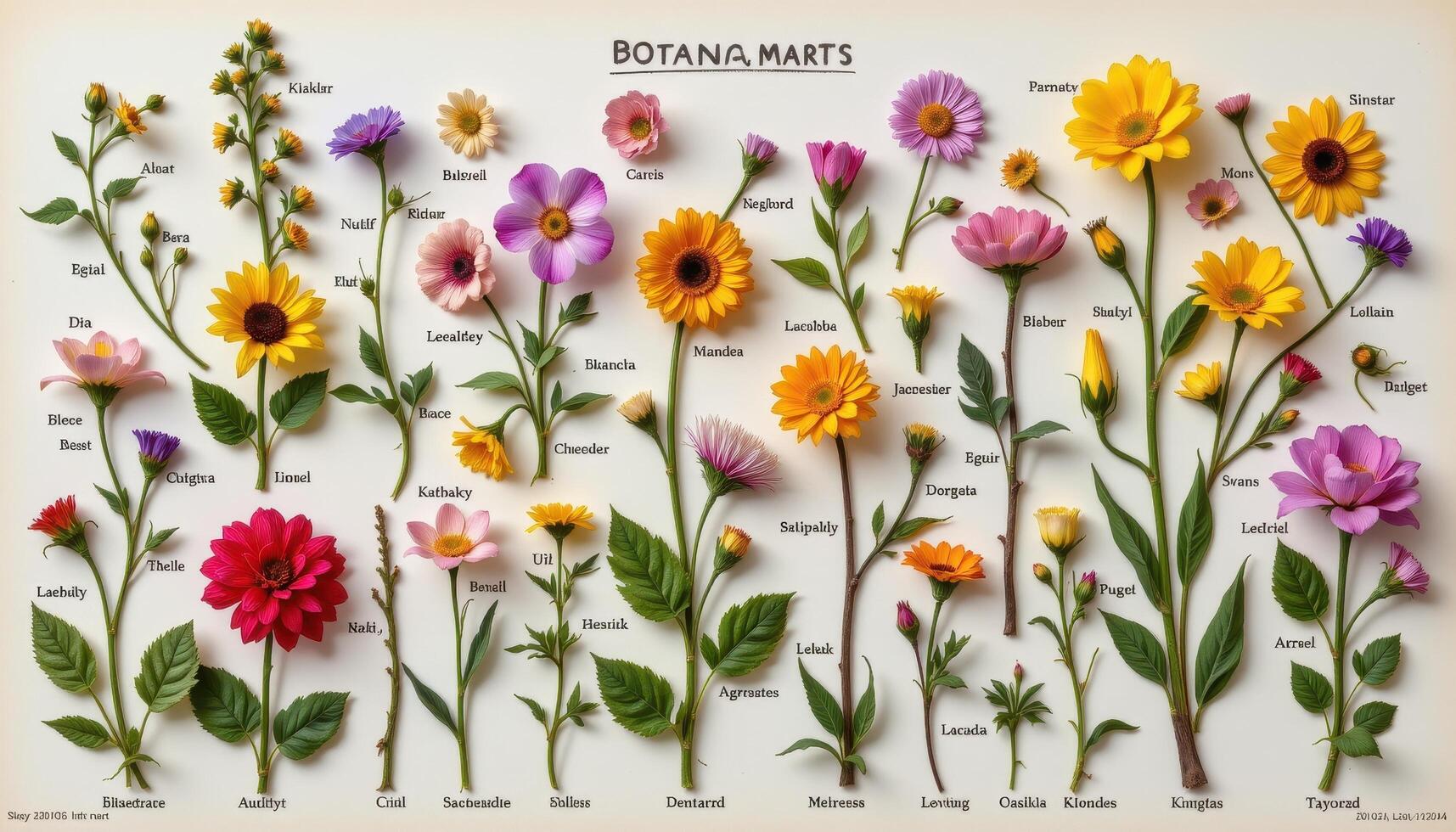a botanical chart drawn with real flower samples and labeled with latin names photo