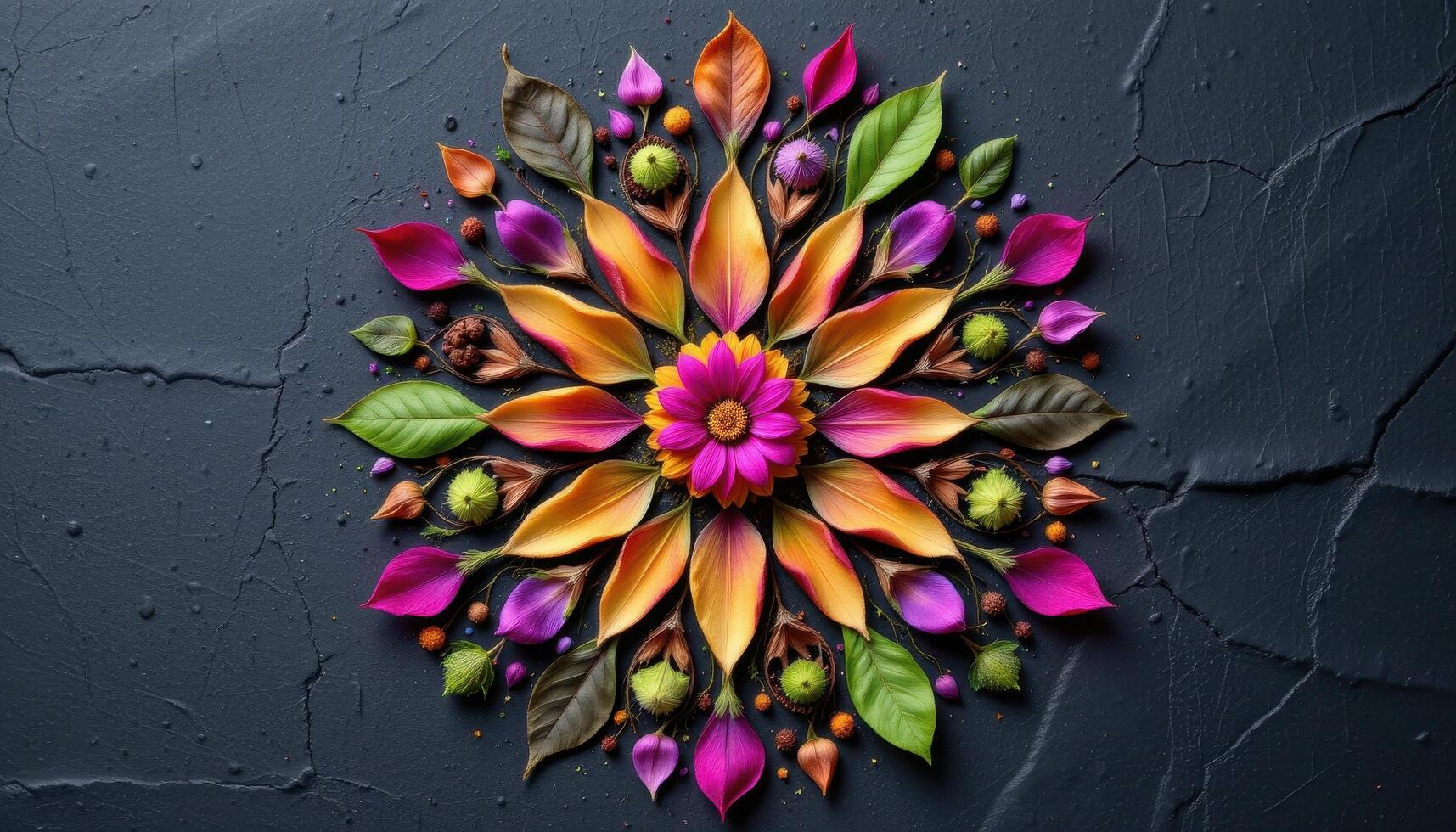 a symmetrical mandala pattern made entirely from various petals, leaves, and natural elements on a slate background photo