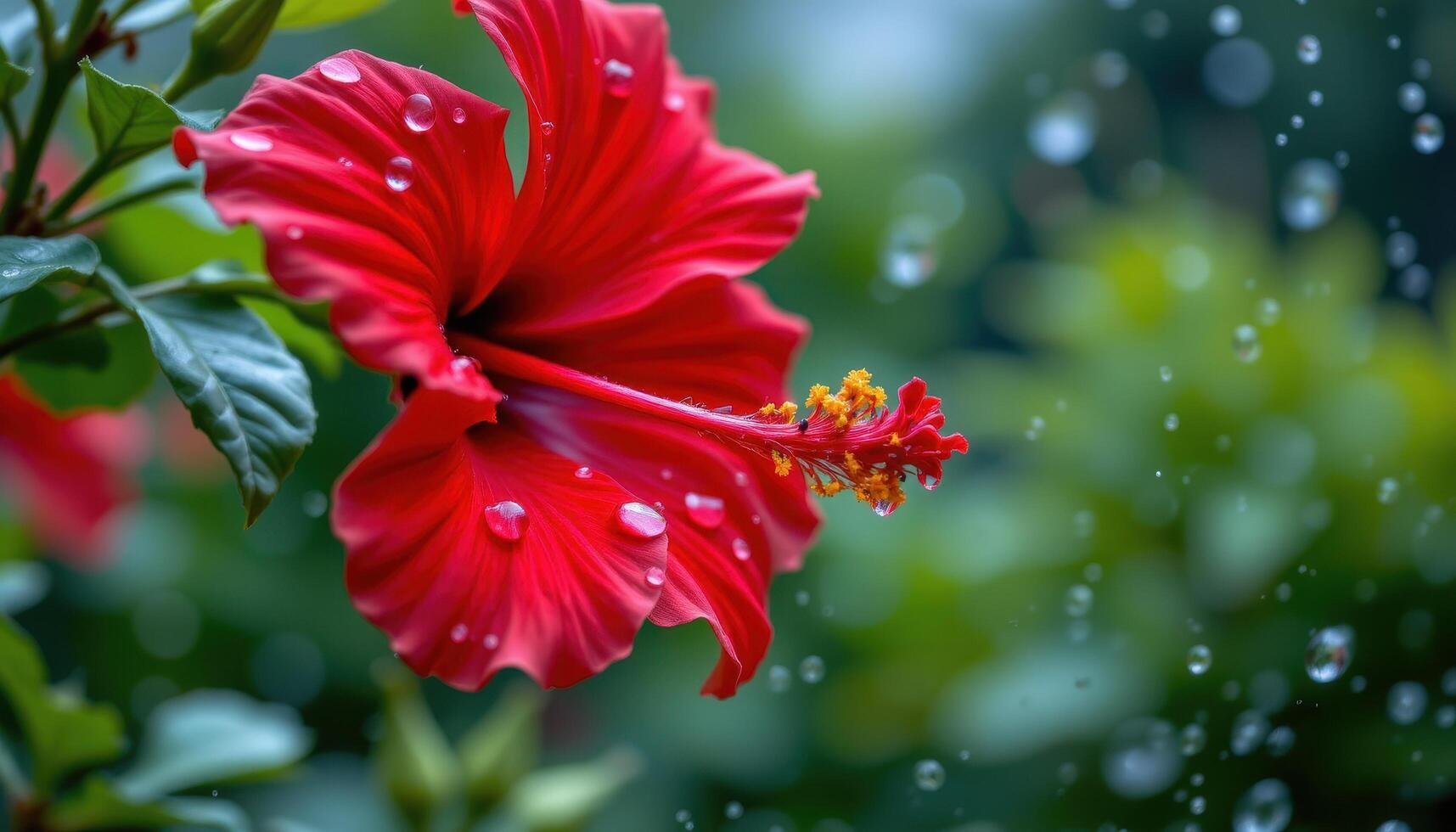a dramatic close up of raindrops suspended on the petals of a red hibiscus, with a blurred green backdrop photo