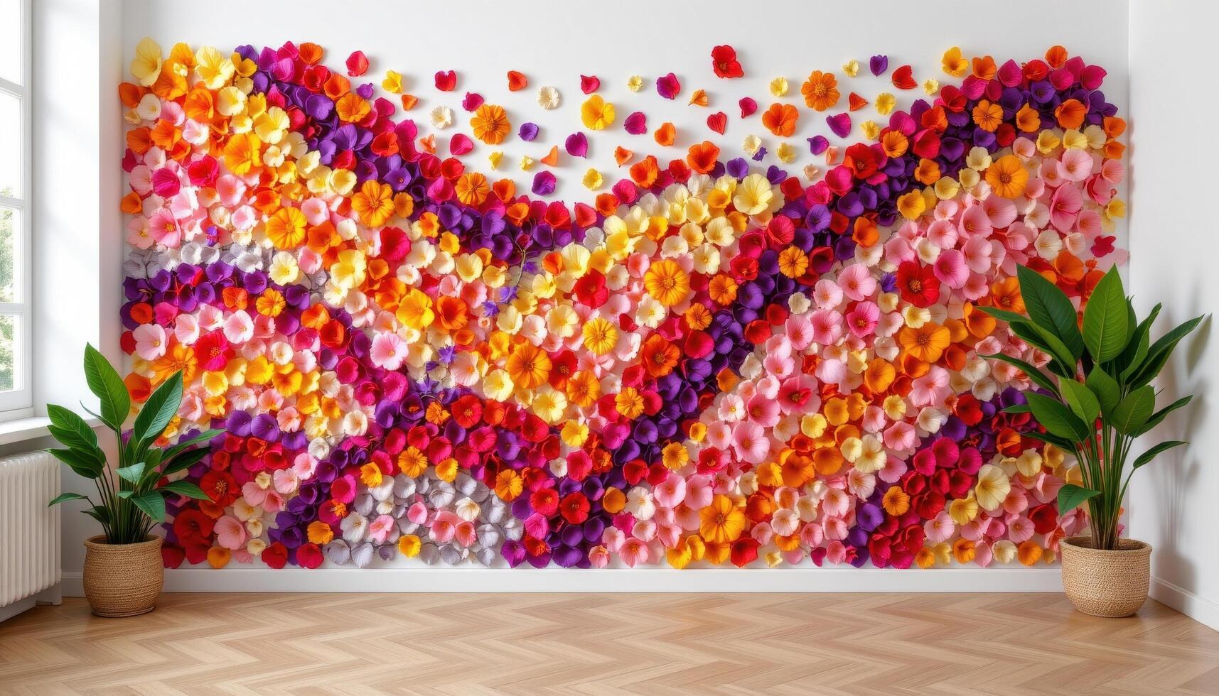 a vibrant wall mural made entirely from real flower petals arranged in an abstract pattern photo