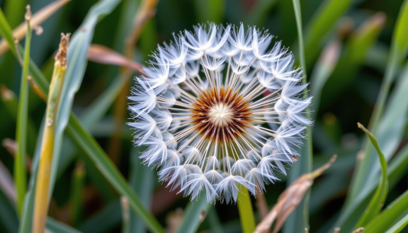 a close up of a dandelion seed head, perfectly intact, surrounded by soft focus blades of grass photo