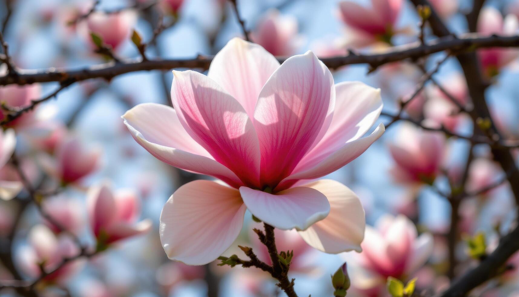 a large blossom of a magnolia tree in full bloom, framed by softly blurred branches in the background photo