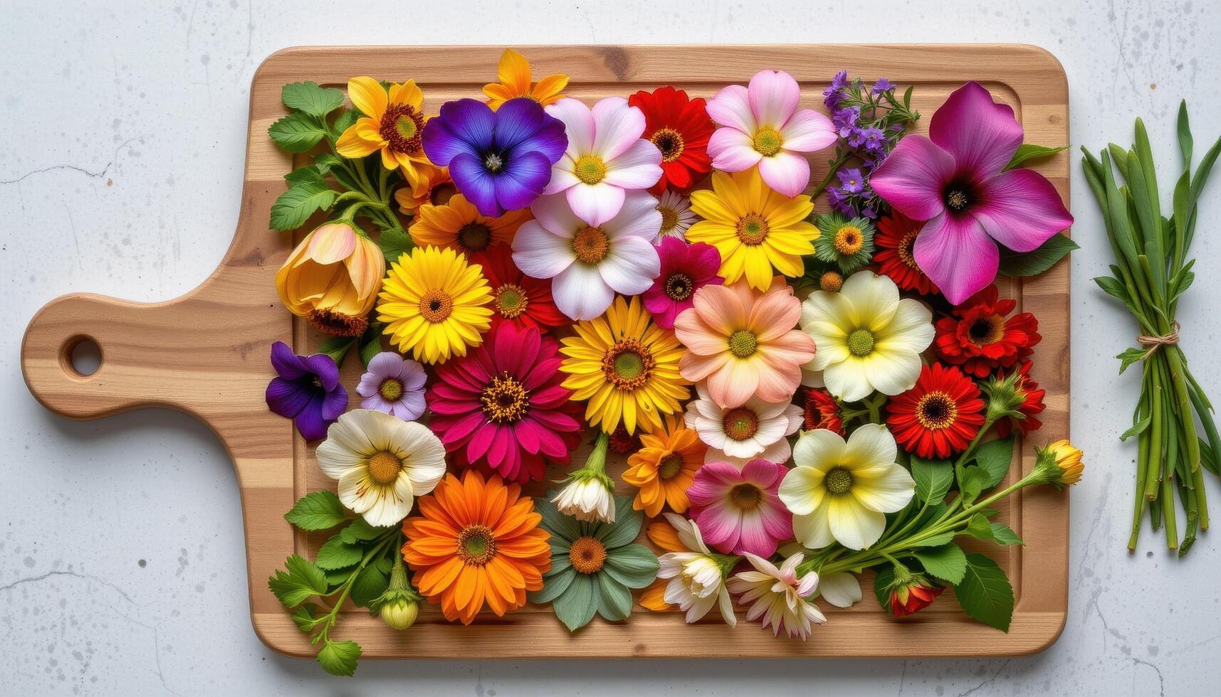 a display of edible flowers arranged neatly on a cutting board beside herbs photo