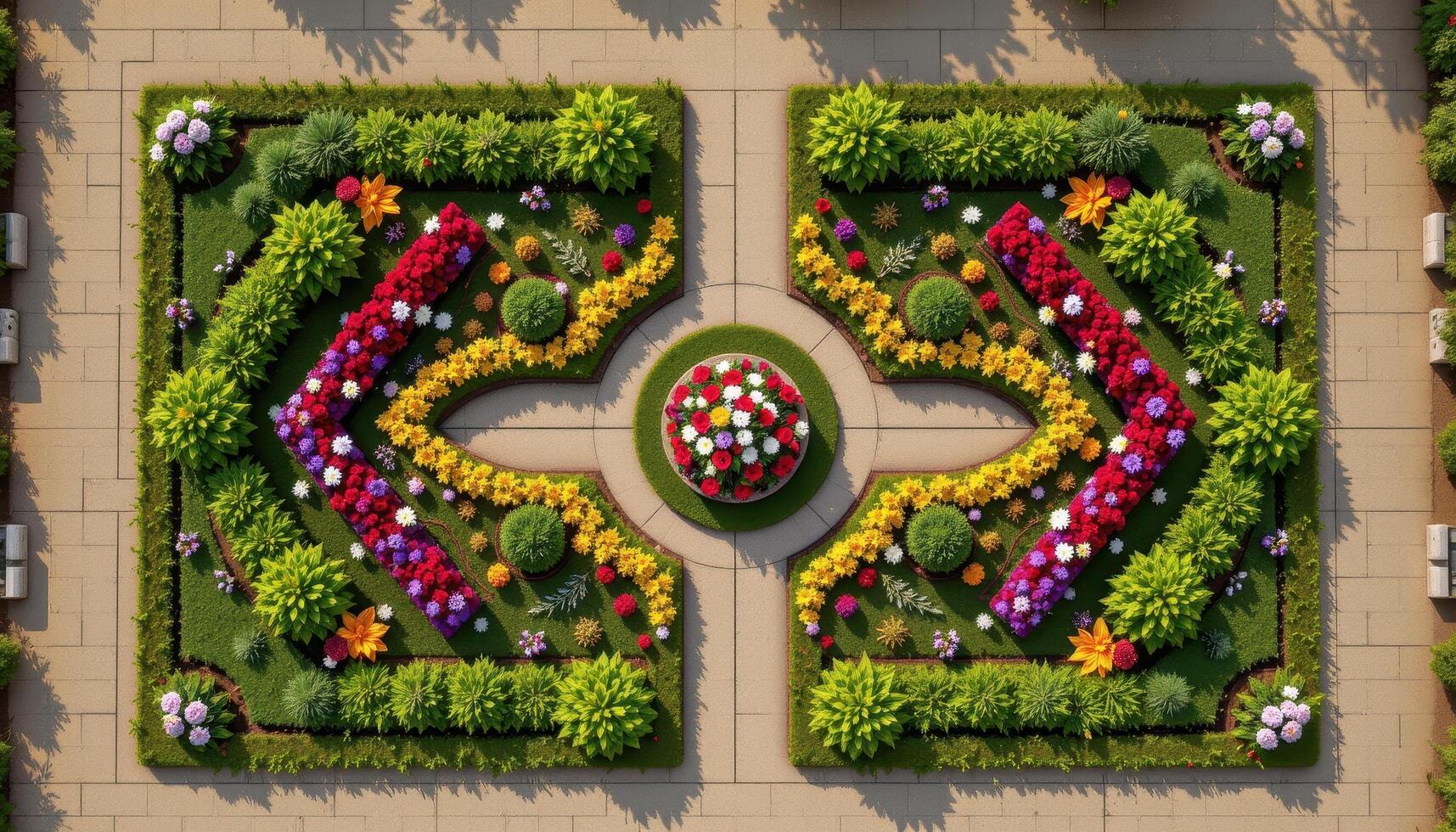 a geometric flowerbed design viewed from above in a perfectly symmetrical layout photo