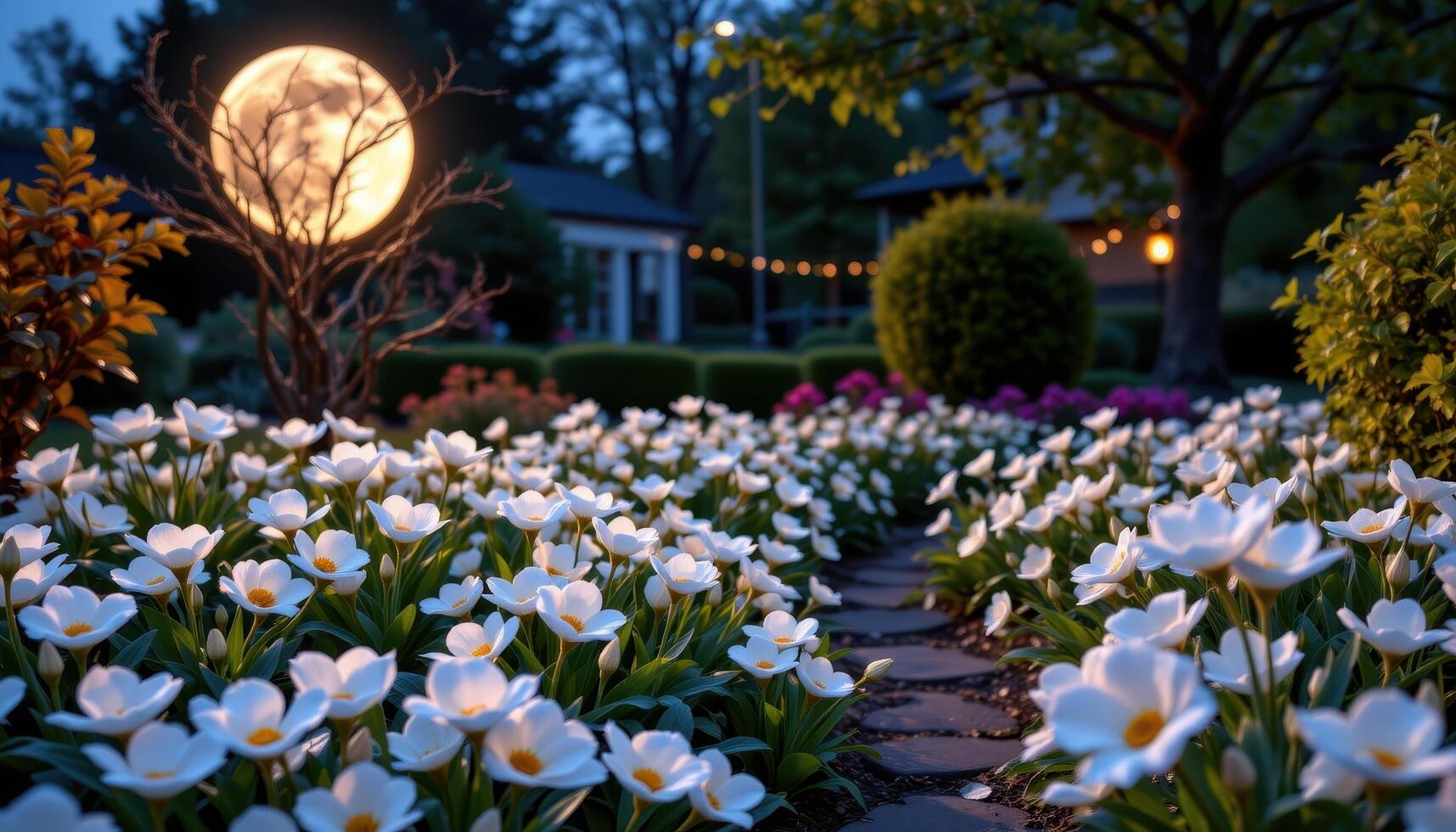 a moon garden designed with white and silver leafed flowers glowing at night photo