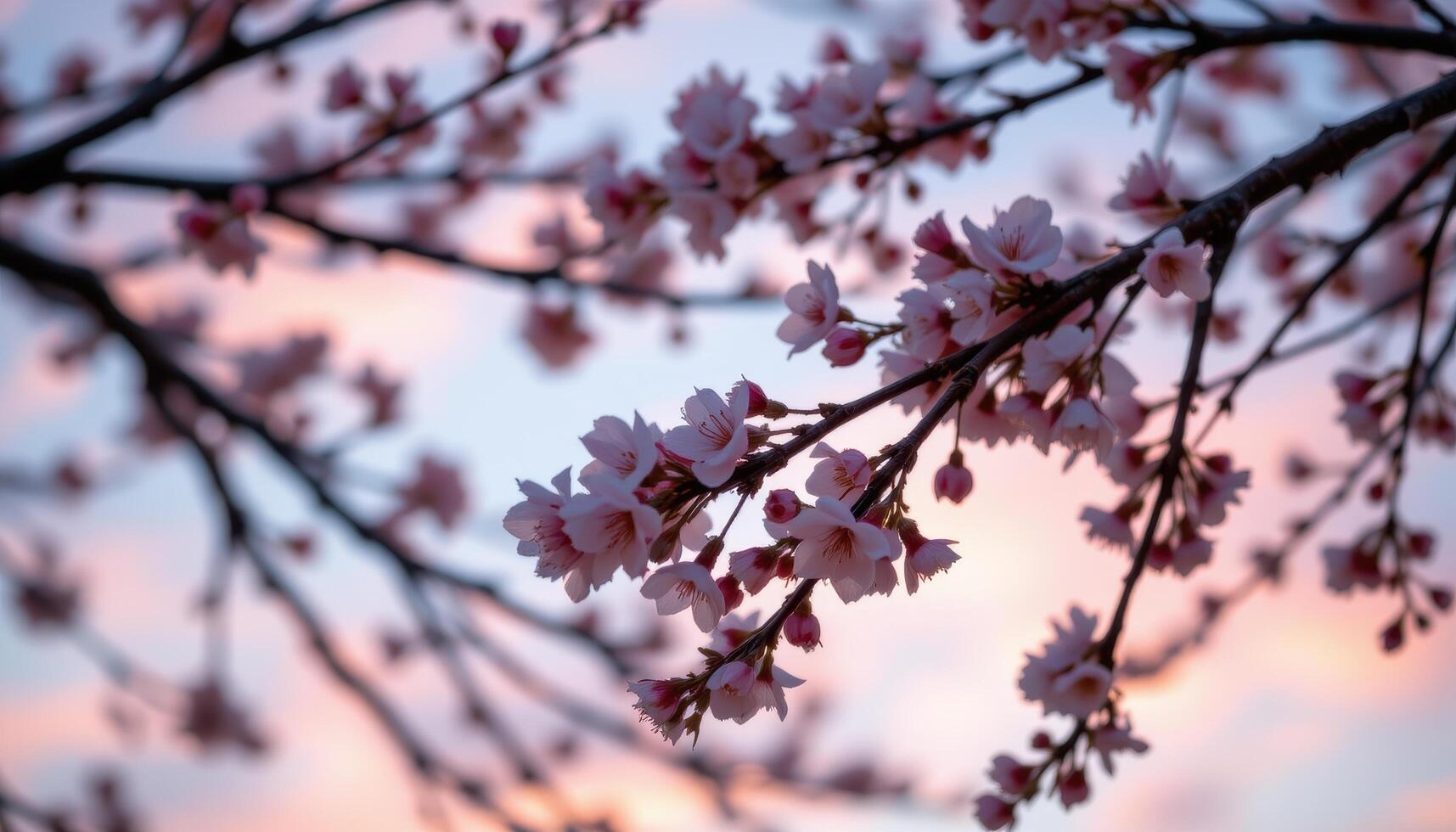 a soft focus shot of cherry blossom branches reaching across the frame under a pastel sky photo