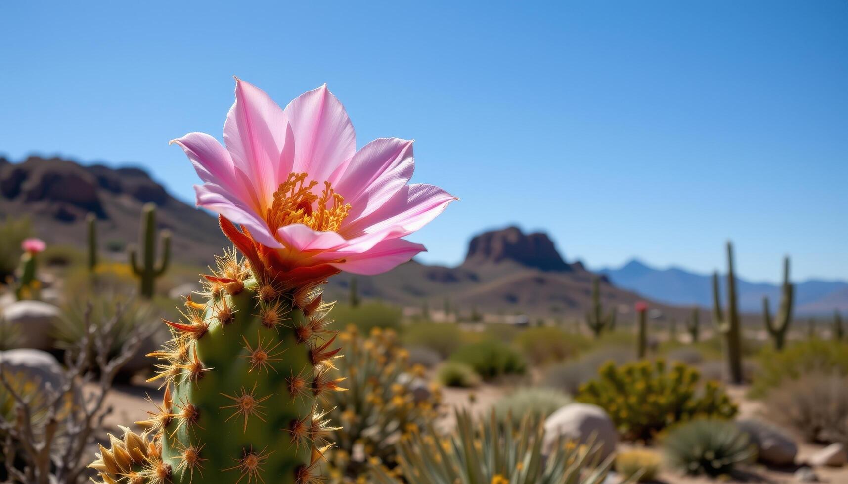 a close up of a blooming cactus flower with dramatic contrast in a desert landscape photo
