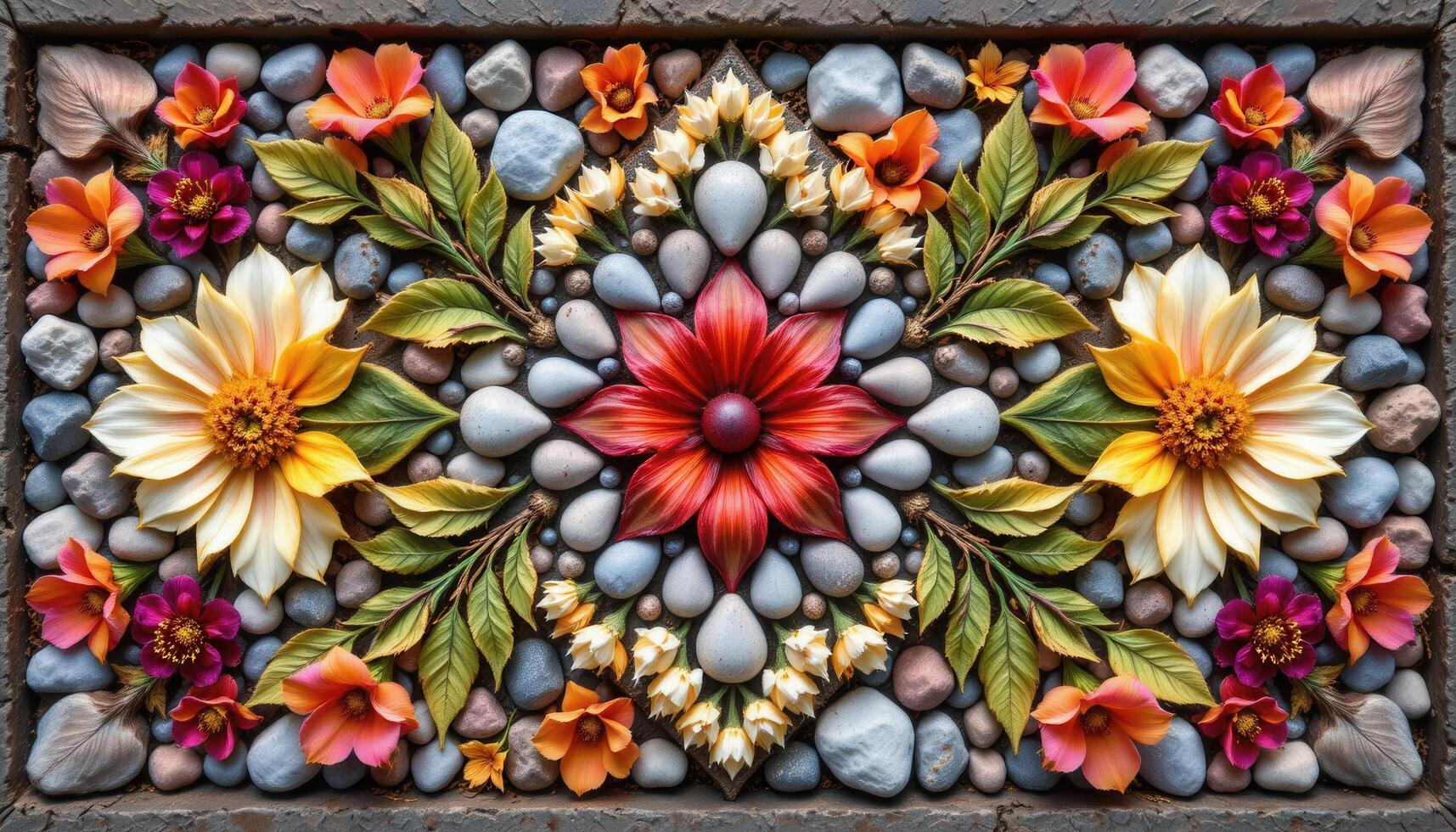 a floral mosaic made from petals, pebbles, and bark arranged in geometric symmetry photo