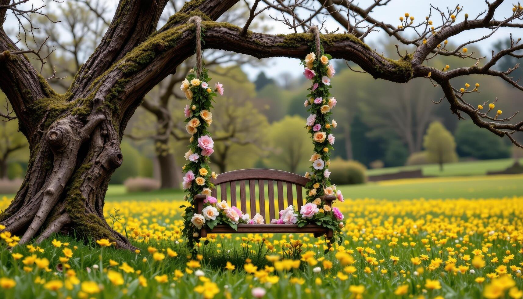 a flower adorned swing hanging from a massive tree branch over a field of buttercups photo