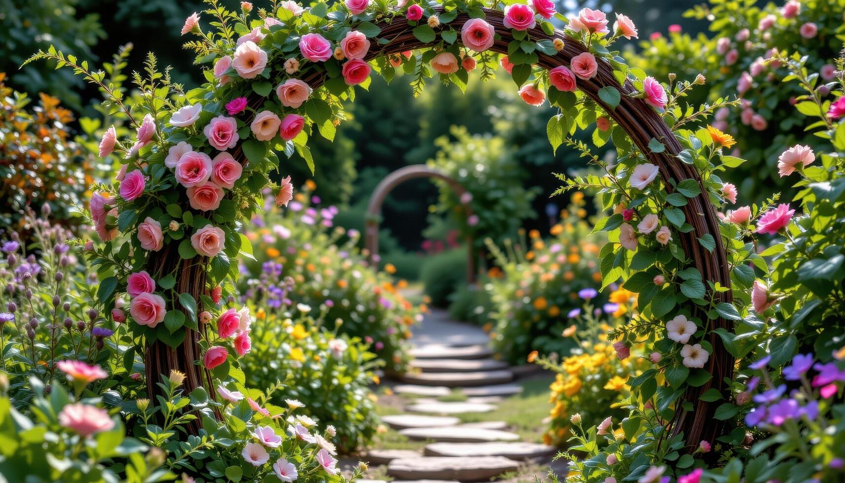 a rustic floral arch marking the entrance to a secret garden path photo