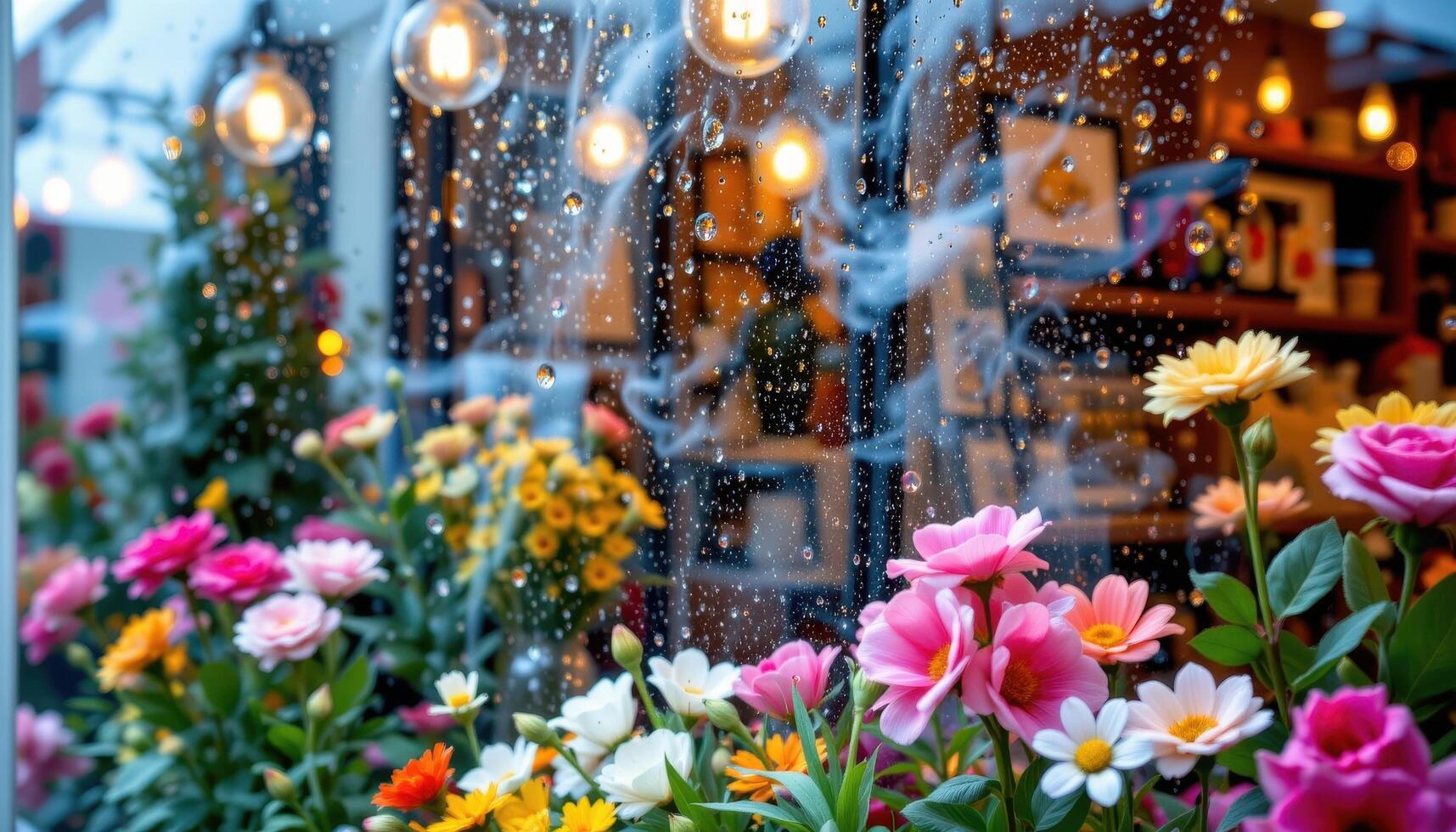 a rain soaked flower shop window fogged with steam and vibrant petals within photo