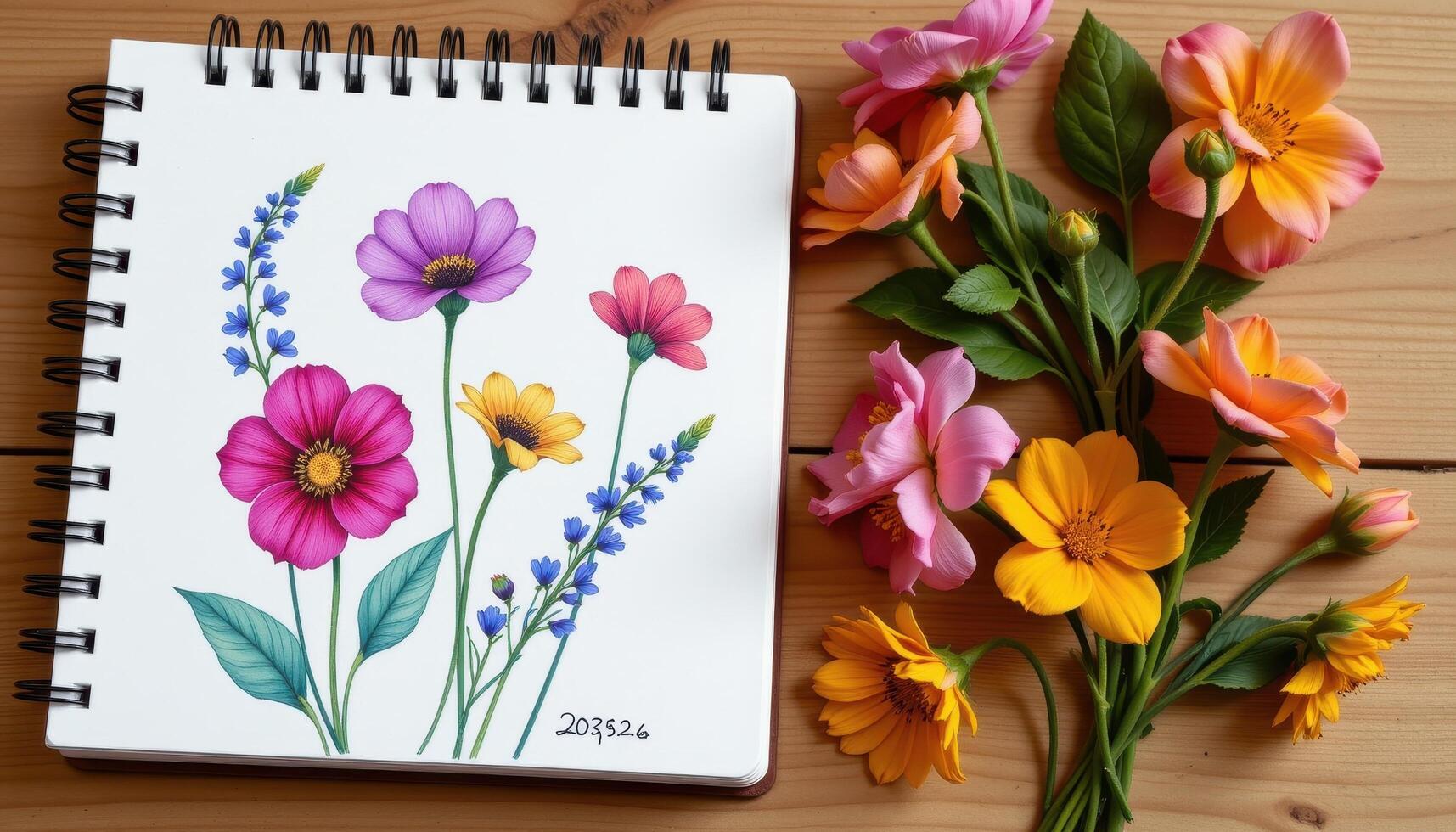 a spiral notebook with flower sketches resting beside real matching blooms photo