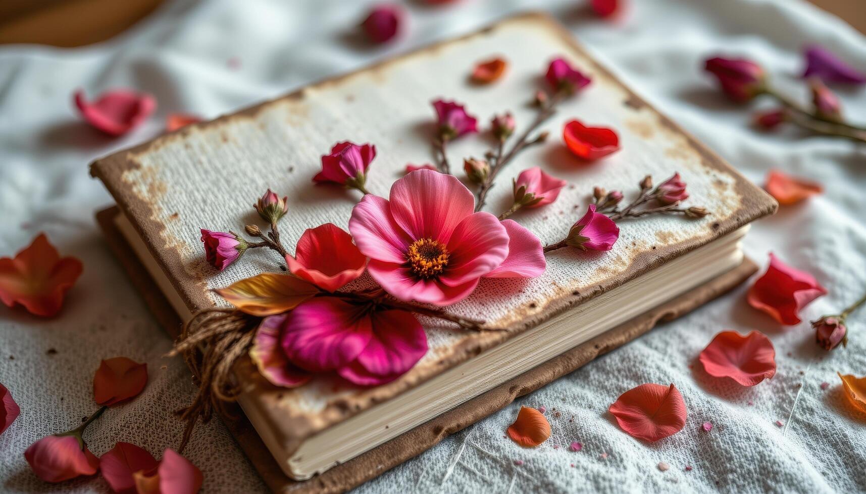 a handmade journal bound in linen and pressed with flower petals and leaves photo