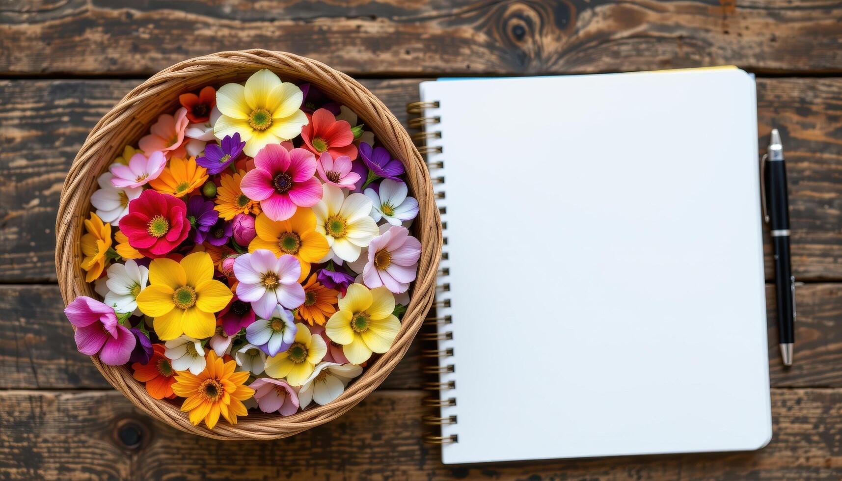 a basket of collected blossoms sorted by color beside a blank sketchbook photo