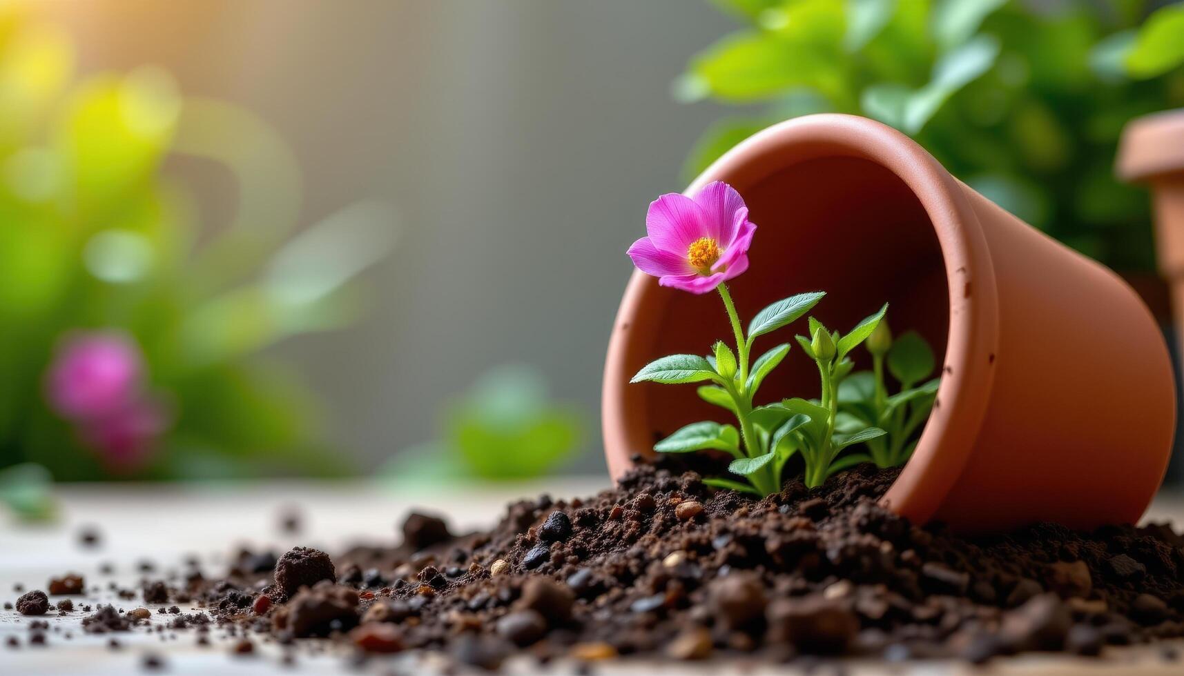 a flower pot tipped over with soil spilling out, but new blooms already sprouting photo