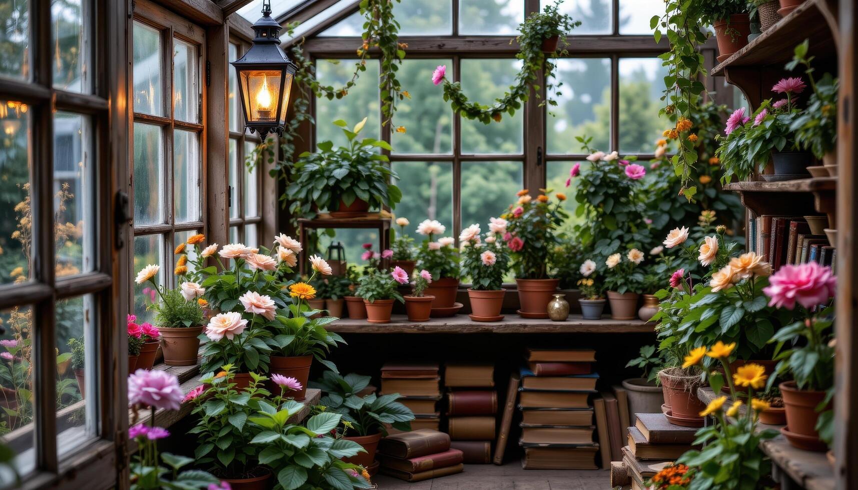 a lantern lit greenhouse corner filled with flowering plants and antique books photo