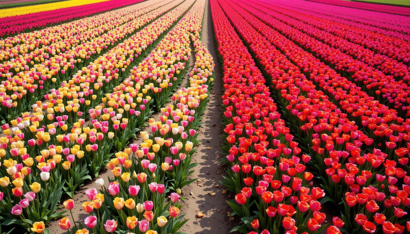 a bird's eye view of a winding path through a massive field of blooming tulips photo