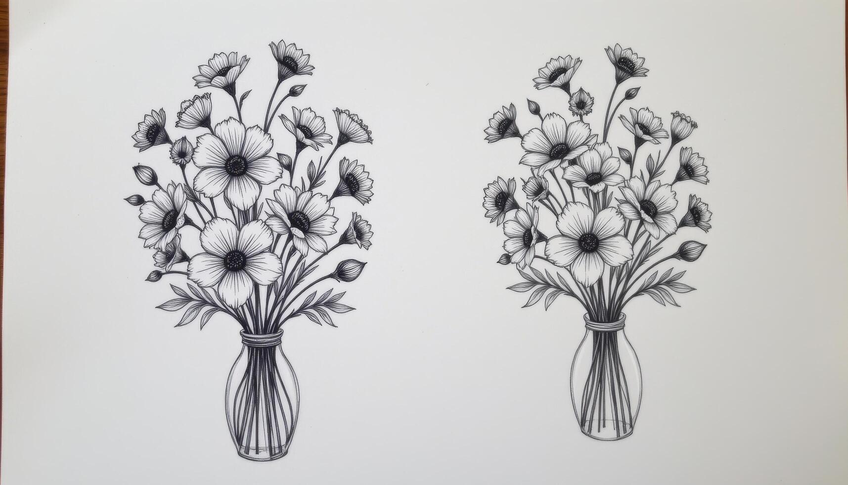 a minimalist line drawing of flowers placed beside a real bouquet mimicking the sketch photo