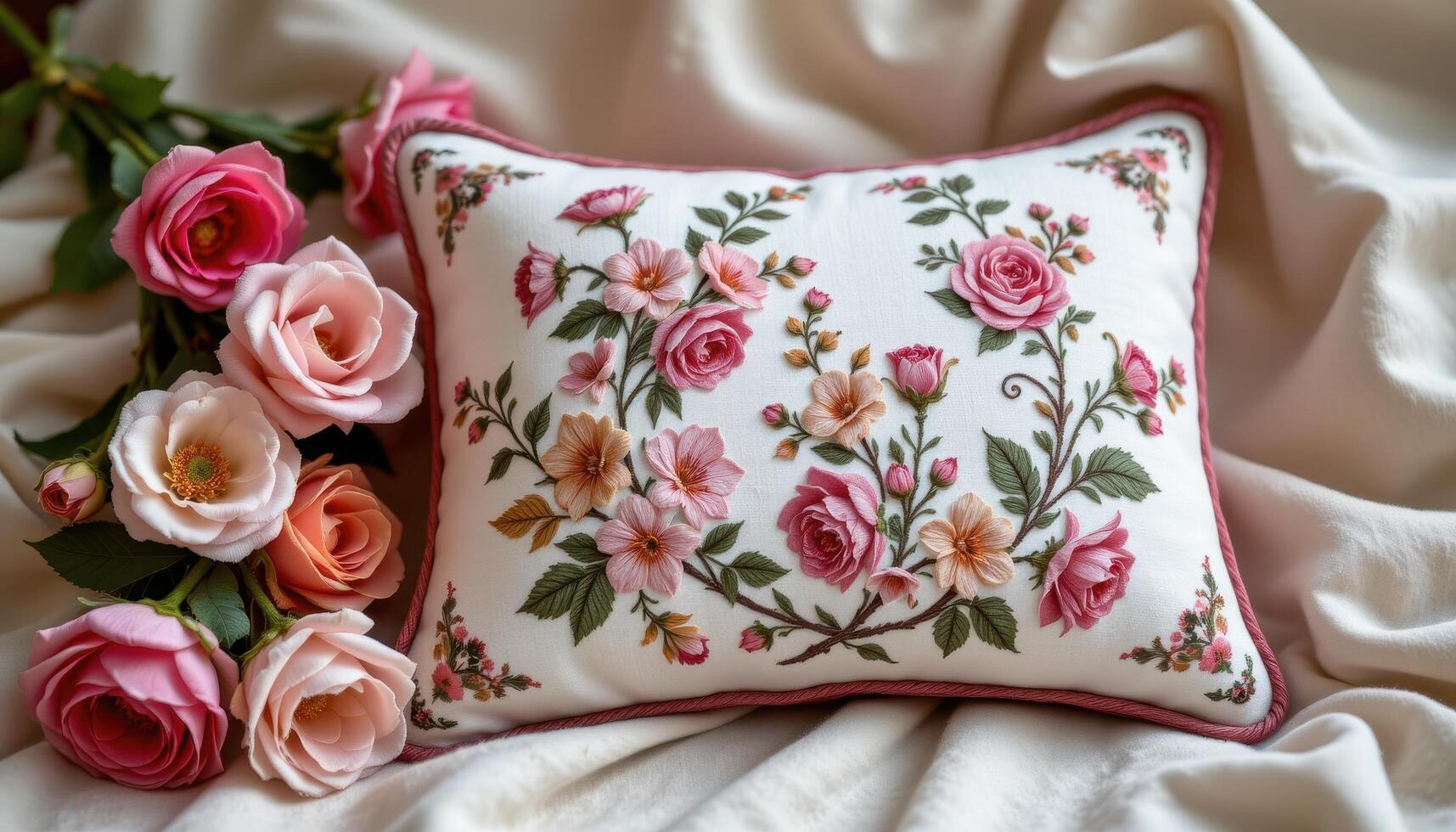 a detailed embroidered pillow with floral patterns lying beside real matching blooms photo