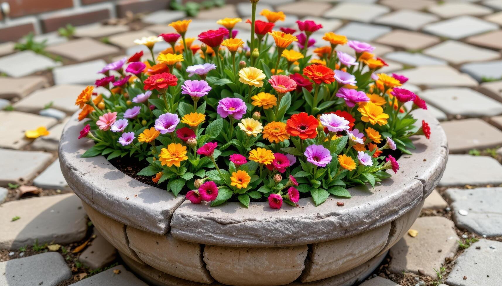 a circular stone planter filled with layers of colorful flowering plants in bloom photo