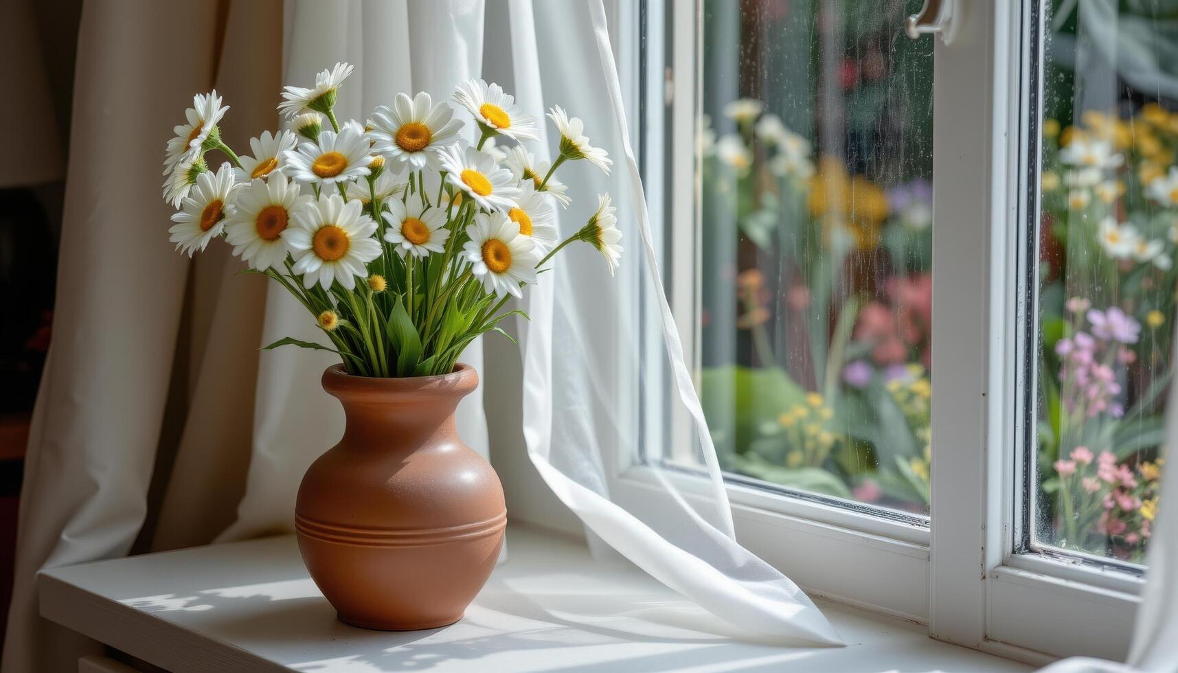 a clay vase of freshly picked daisies placed beside an open window with sheer curtains photo