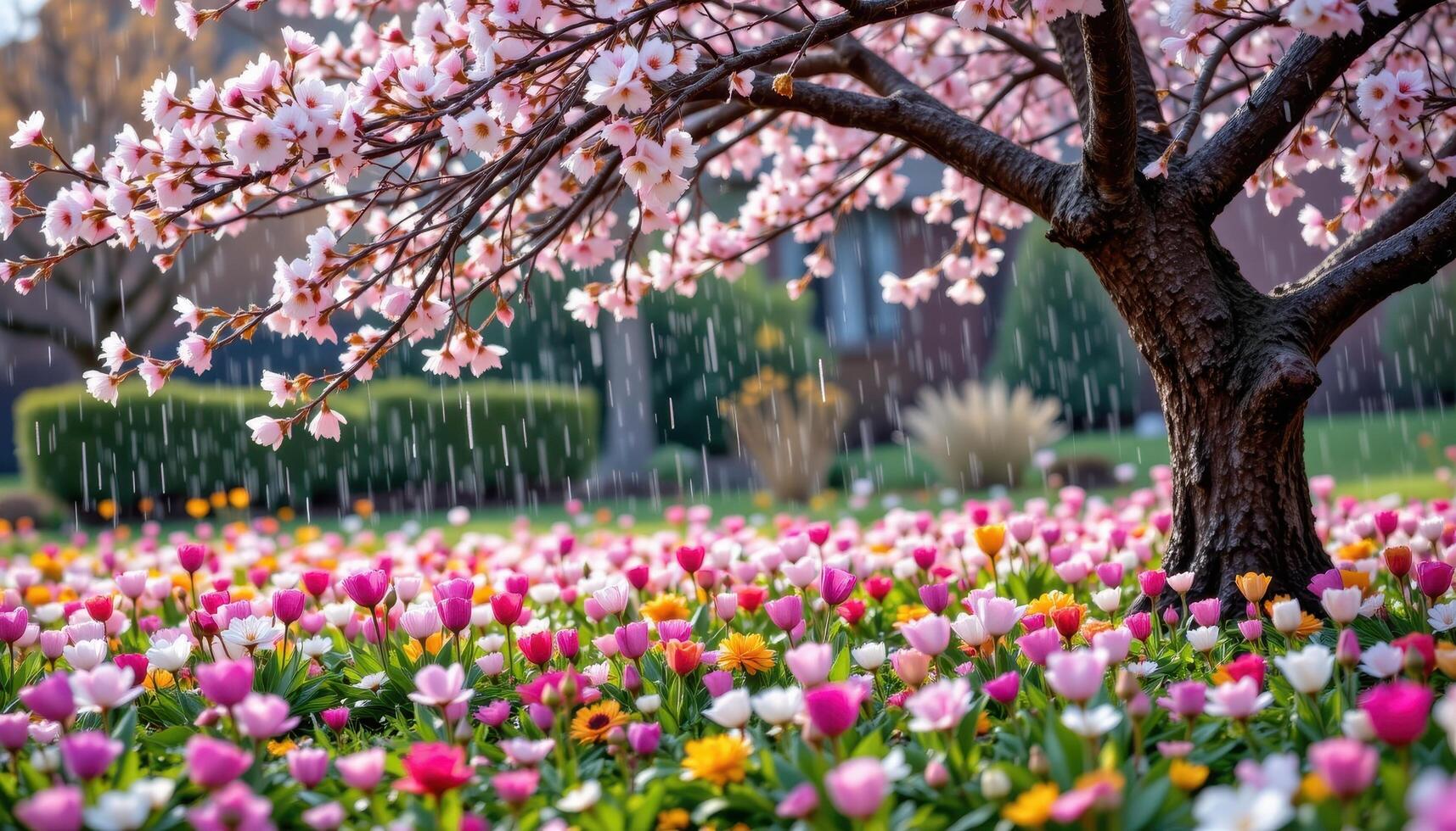 a peaceful flower bed beneath a cherry tree in full blossom during light rainfall photo