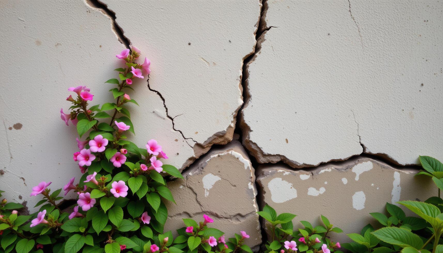 a cracked wall slowly being covered by trailing flowering plants from below photo