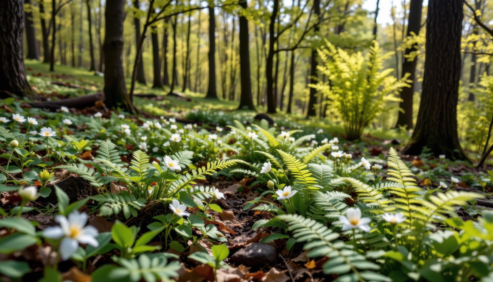 a peaceful forest floor with flowering ferns under a canopy of early spring trees photo