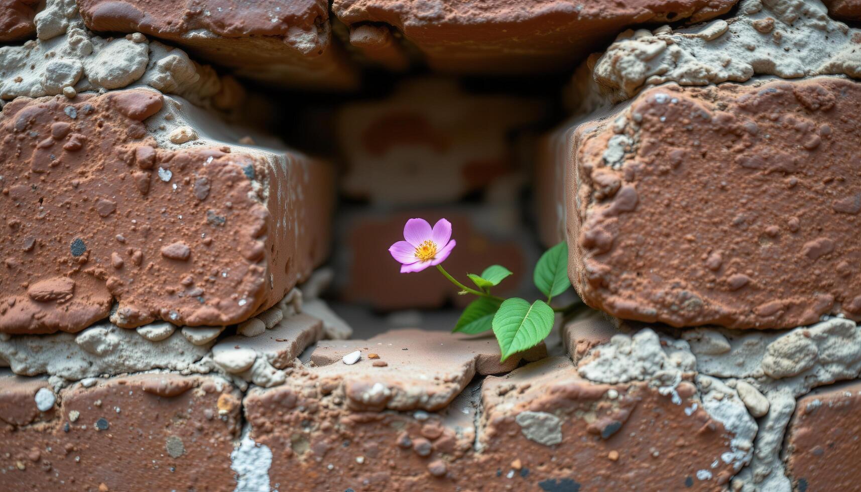 a single bloom poking through a crack in an old brick wall photo
