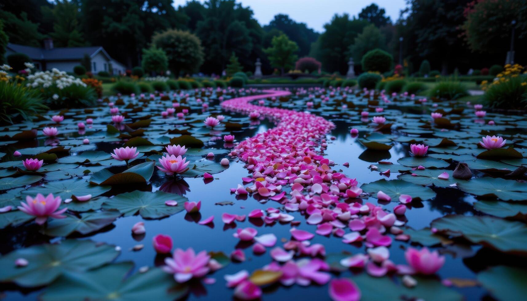 a floating trail of petals leading across a lily covered pond at dusk photo