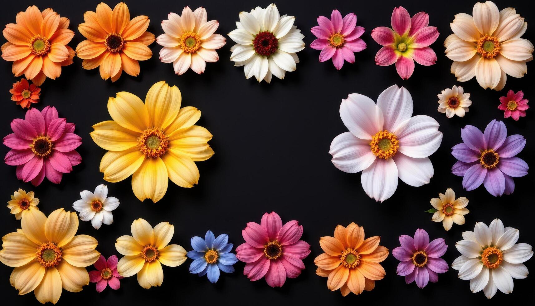 a set of colorful blooms arranged in gradient order across a black background photo