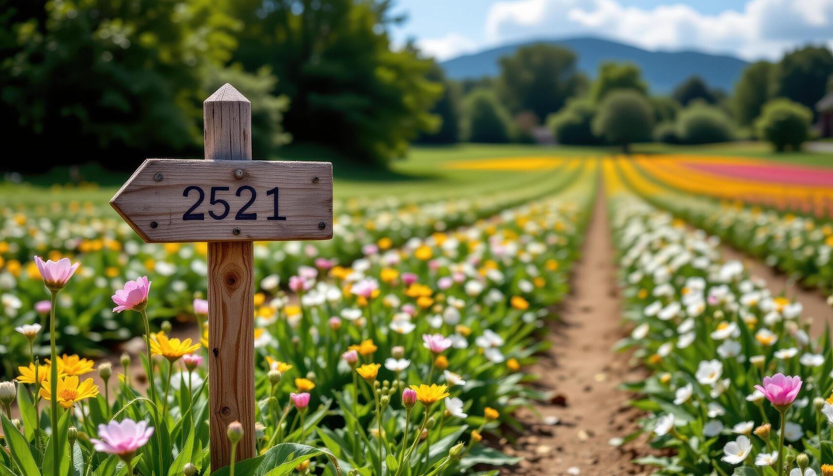a simple wooden signpost in a field, pointing through rows of flowering plants photo