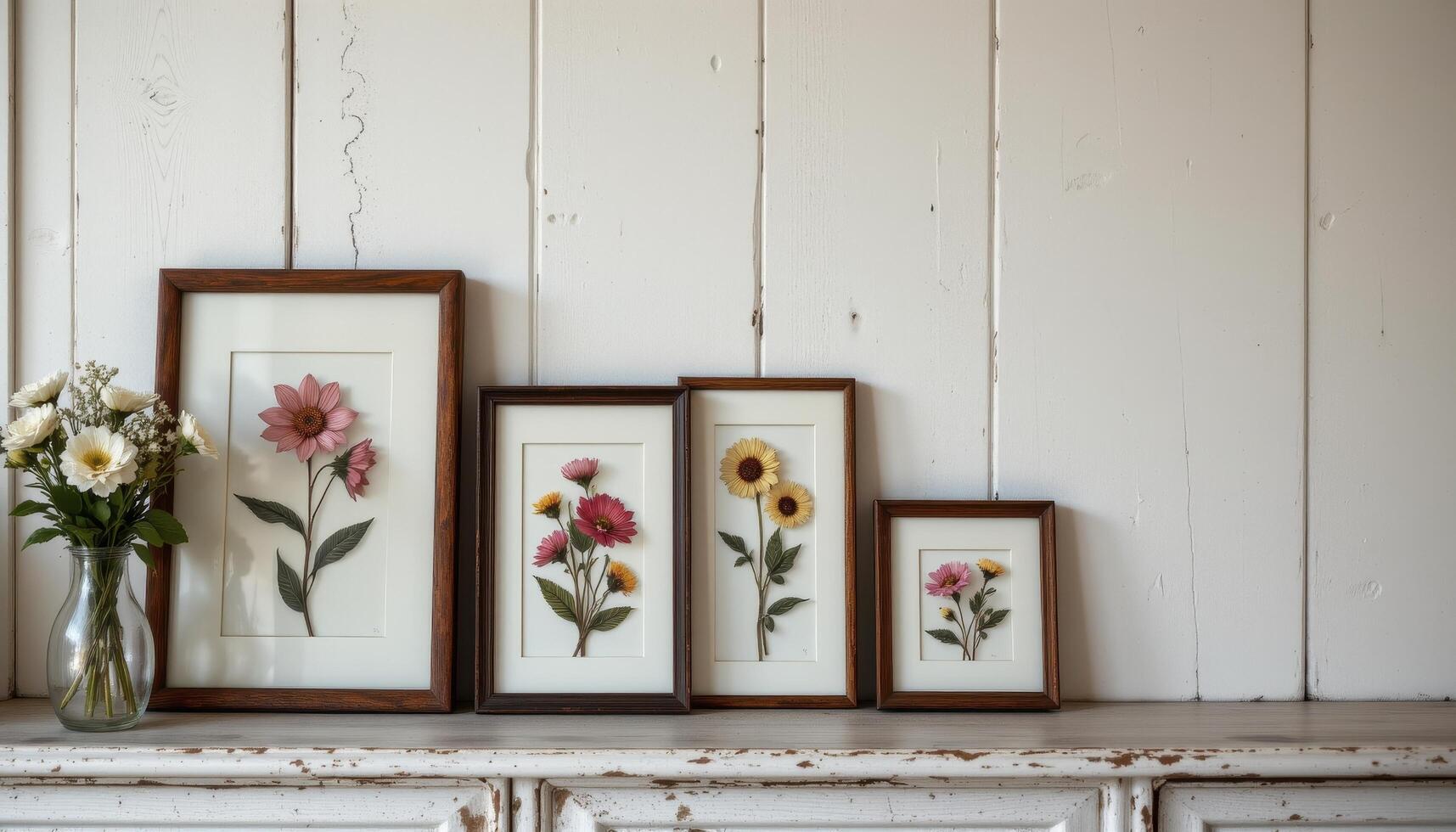 a shelf of pressed flower frames leaning against a whitewashed wall photo