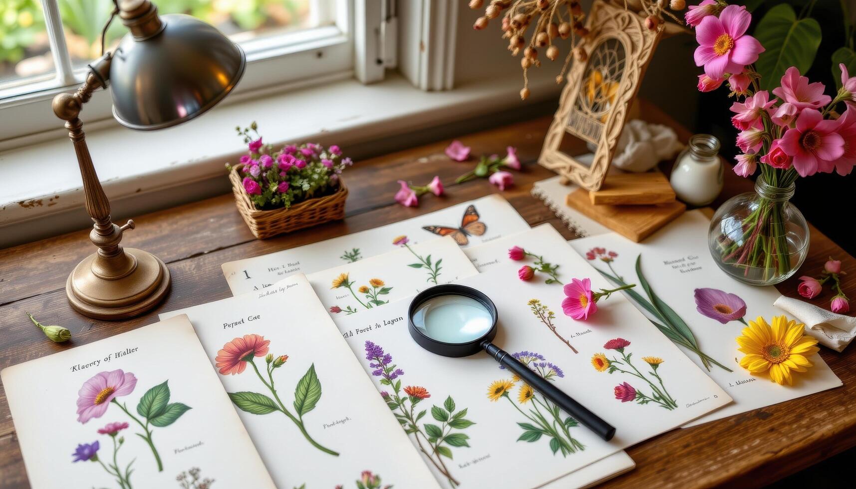 a small desk covered in botanical drawings, a magnifying glass, and real bloom samples photo