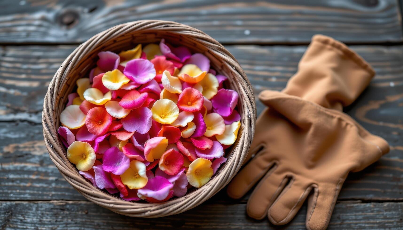 a flat basket filled with loose petals beside a pair of gardening gloves photo