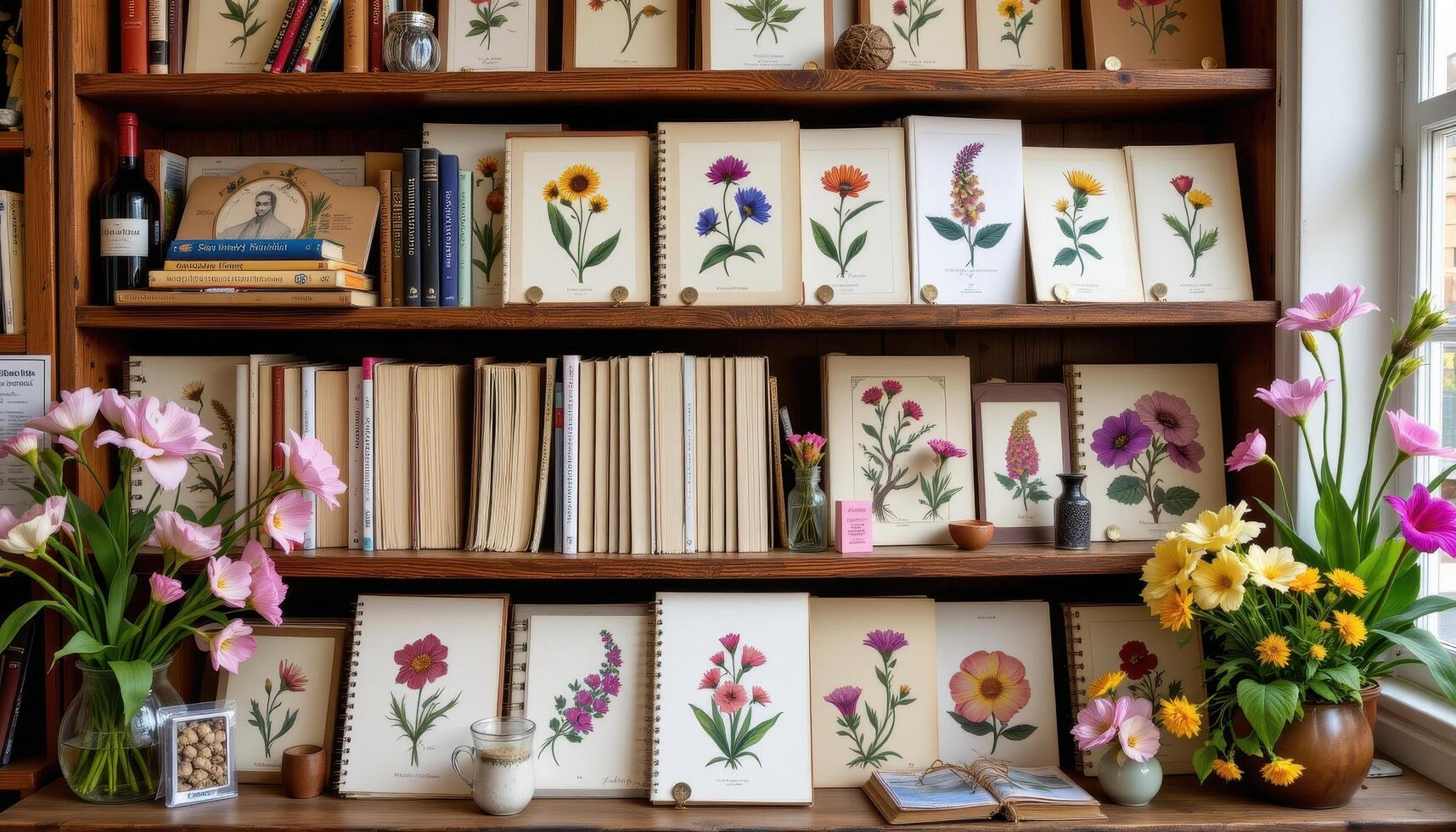 a shelf of botanical sketchbooks surrounded by real flower samples photo