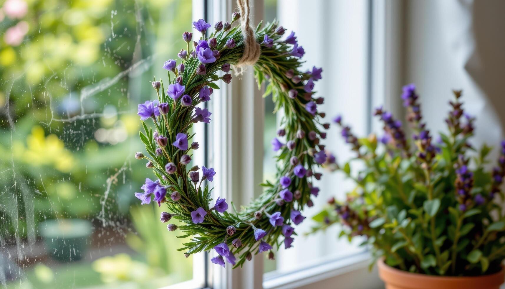 a handmade wreath of lavender and rosemary drying in a window photo