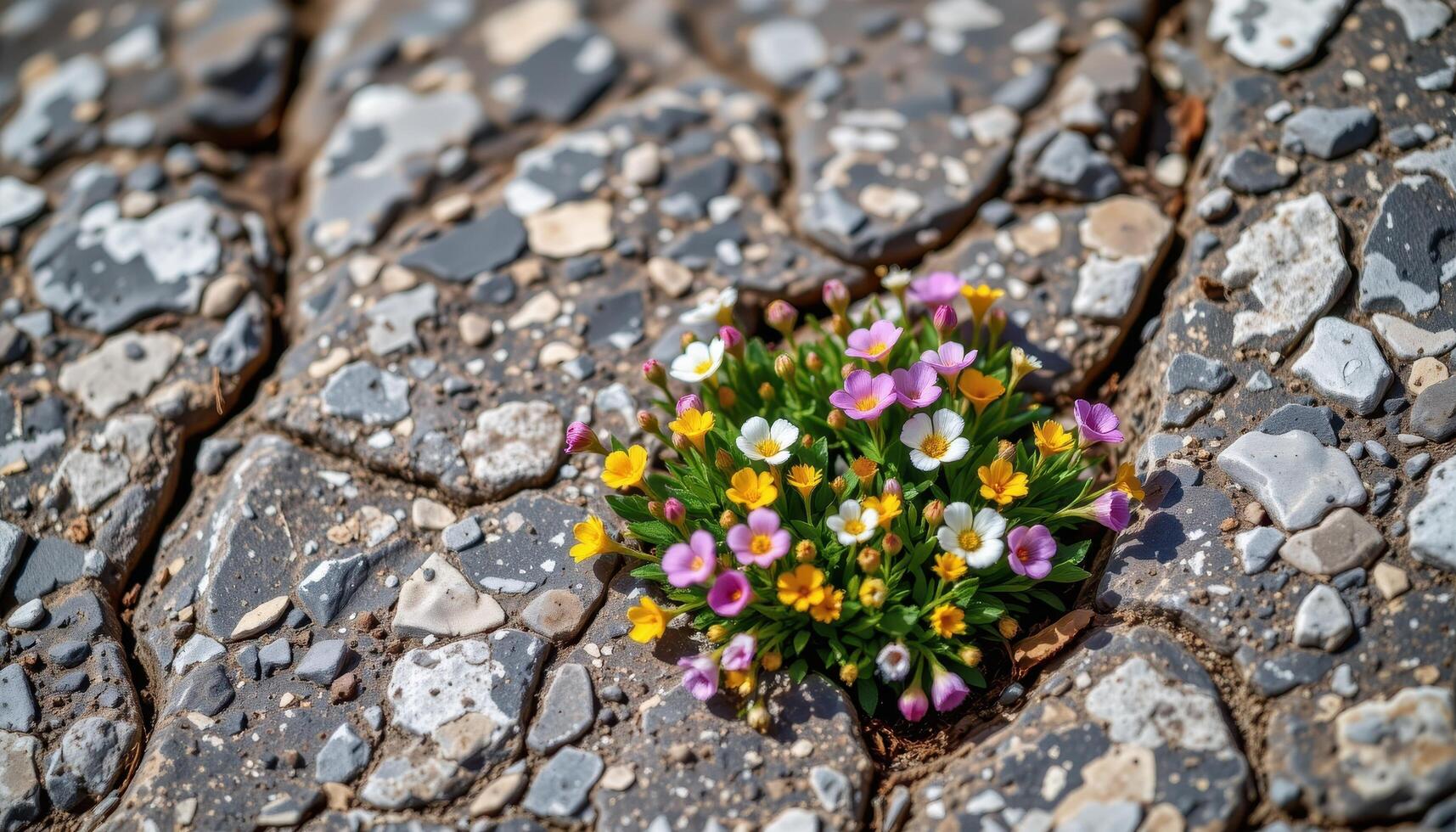 a collection of tiny alpine flowers growing in the cracks of a weathered mountain stone photo
