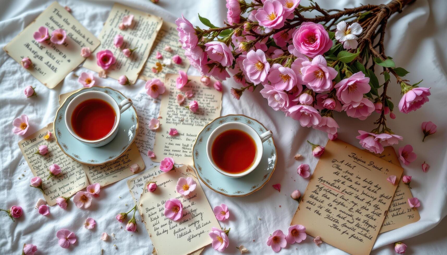 a tabletop still life of scattered blossoms, half filled tea cups, and old letters photo