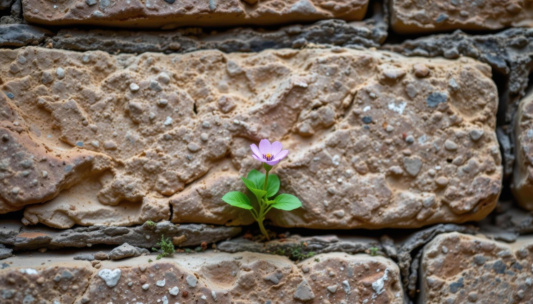 a tiny flower growing between bricks in a centuries old stone wall photo