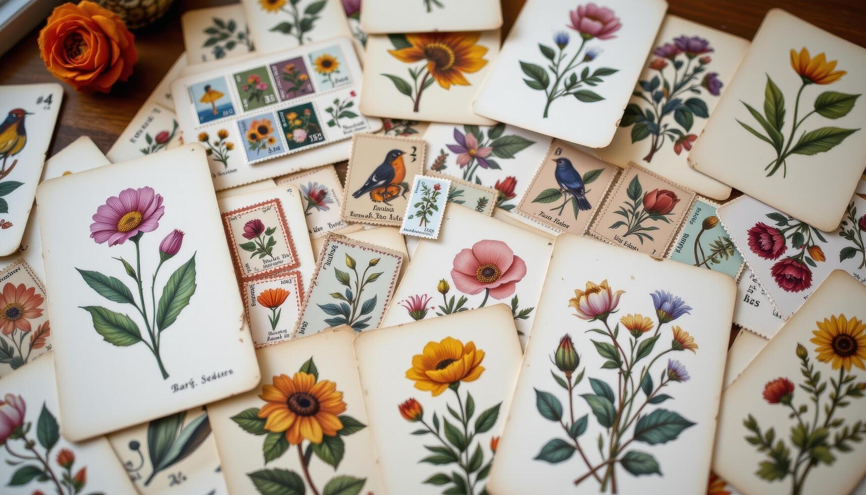 a collection of floral stamps and botanical drawings scattered on a table photo