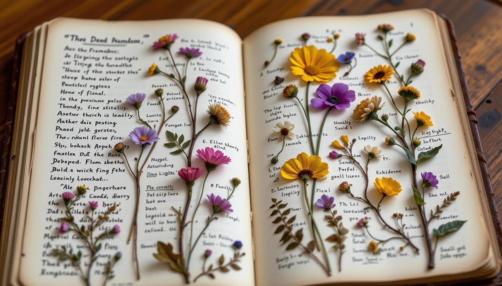 a handmade herbarium filled with carefully labeled pressed flowers and notes photo