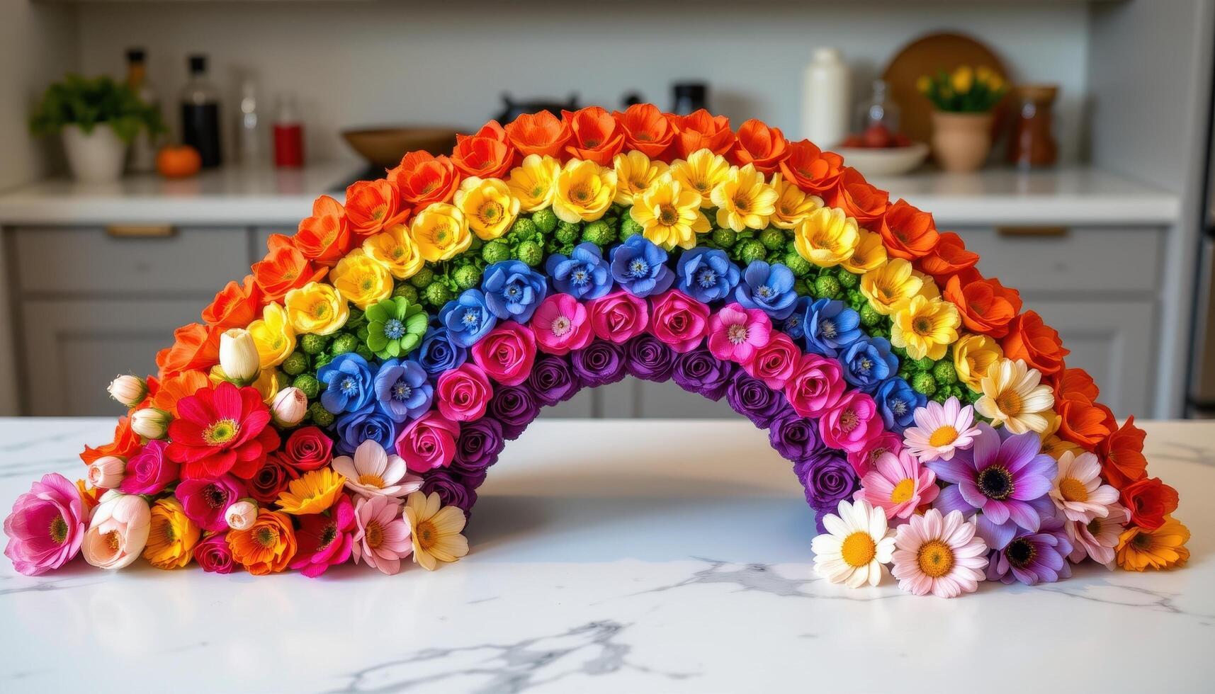 a full spectrum of flowers arranged like a rainbow on a marble countertop photo