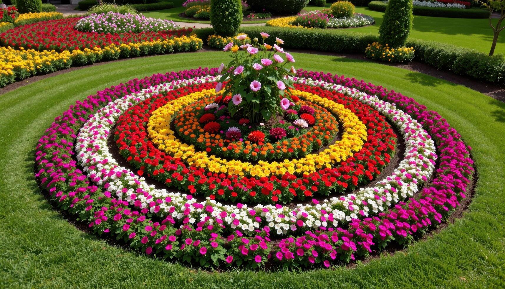 a geometric flowerbed designed with concentric rings of different flower types photo