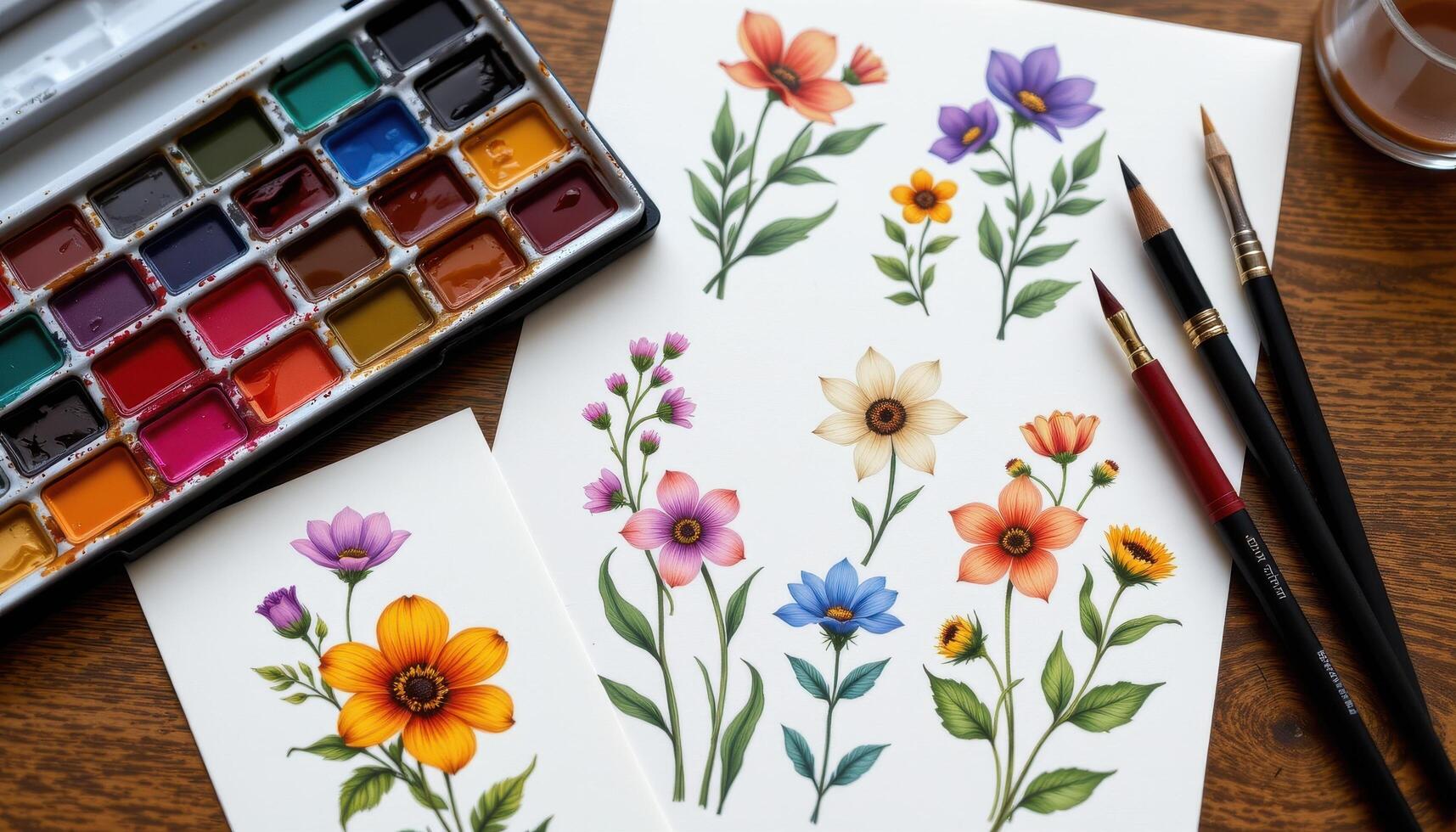a collection of watercolor paints beside flower cuttings used as reference photo