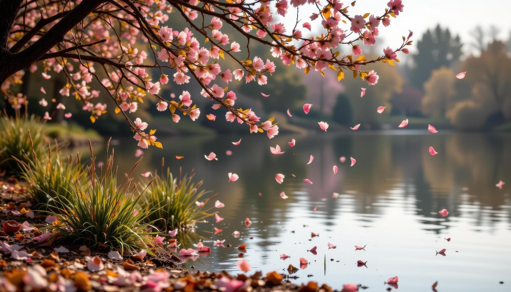 a soft breeze scattering petals from a tree onto the surface of a quiet lake photo