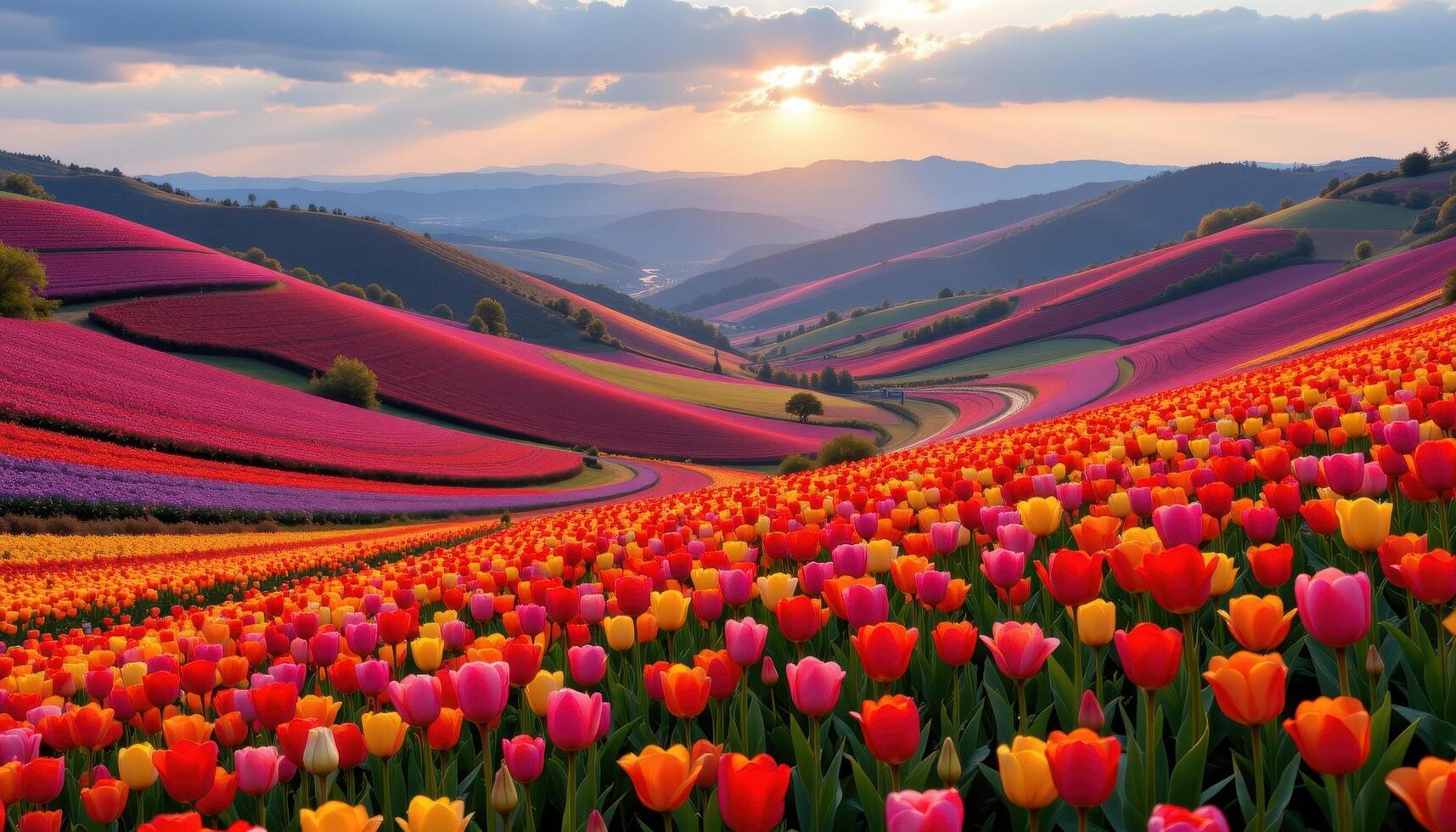 a valley surrounded by hills glowing with blooming tulips in gradient patterns photo